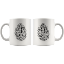 Load image into Gallery viewer, Pine Cone Ceramic Mug / Black and White Ponderosa Pine Cone / Hand Illustrated