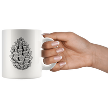 Load image into Gallery viewer, Pine Cone Ceramic Mug / Black and White Ponderosa Pine Cone / Hand Illustrated