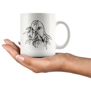 Floral Ceramic Coffee Mug / Black and White Fuchsia Flower / Hand Illustrated
