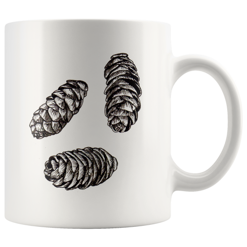 Pine Cone Ceramic Mug / Mountain Hemlock Cone/ Black and White / Hand Illustrated