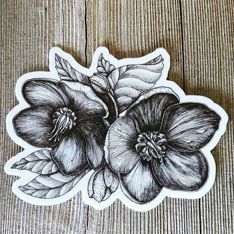 Black & White Hellebore Flower Vinyl Sticker- Durable and Weatherproof