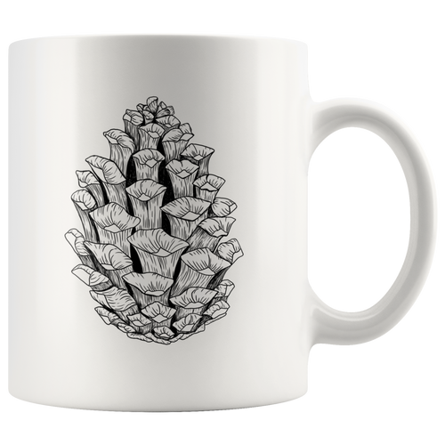 Pine Cone Ceramic Mug / Black and White Ponderosa Pine Cone / Hand Illustrated