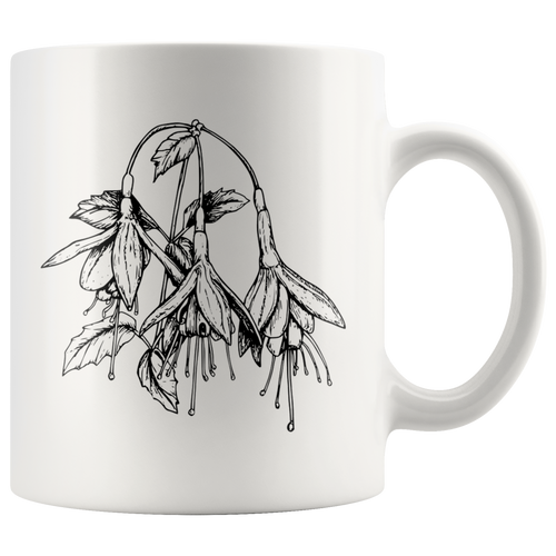 Floral Ceramic Coffee Mug / Black and White Fuchsia Flower / Hand Illustrated