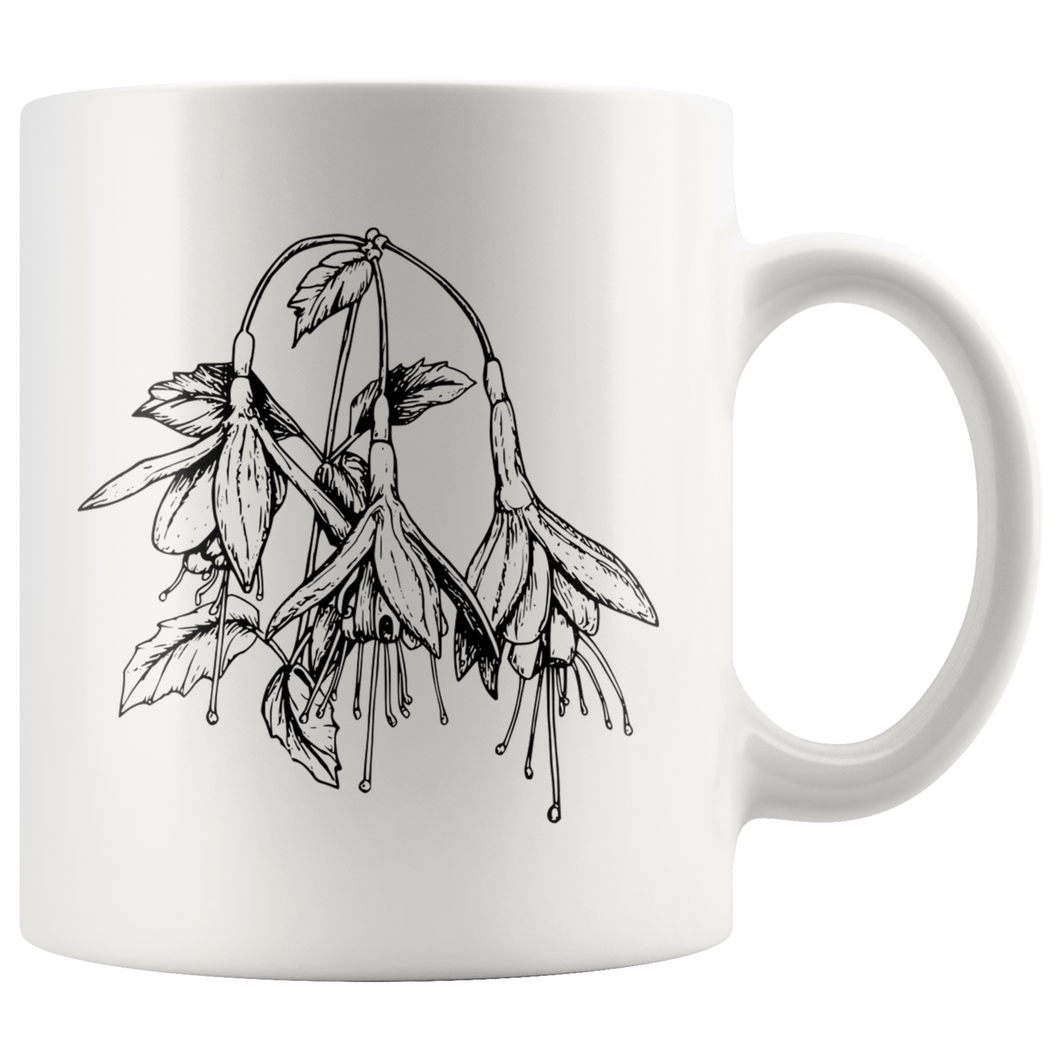 Floral Ceramic Coffee Mug / Black and White Fuchsia Flower / Hand Illustrated