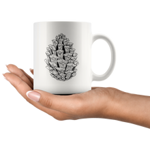 Load image into Gallery viewer, Pine Cone Ceramic Mug / Black and White Ponderosa Pine Cone / Hand Illustrated