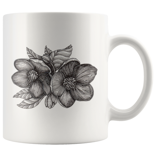 Floral Ceramic Coffee Mug / Hellebore Black and White Flower / Hand Illustrated